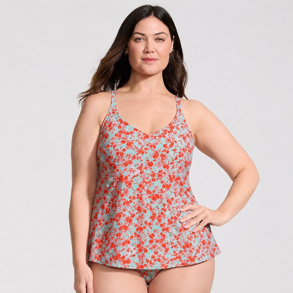 Lands' End Plus Size Tulip Hem Tankini Top Size 2X Orange Aqua Tropical Floral